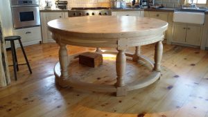 round kitchen work table in reclaimed fir